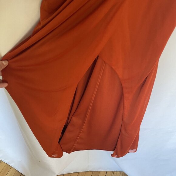 Azazie Deandra A4 Rust Orange Maxi Dress With Ruched Bodice & Spaghetti Straps - Picture 5 of 9